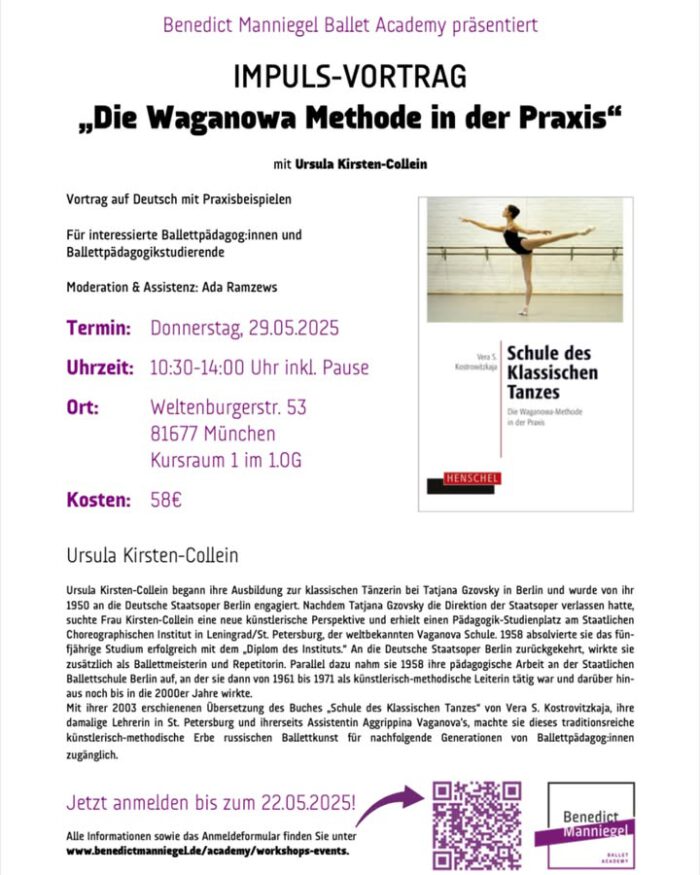 ***IMPULS-VORTRAG am Donnerstag 29. Mai 2025 mit URSULA KIRSTEN-COLLEIN! Die Koryphäe der klassischen Ballettmethodik teilt in einem intensiven Vortrag mit Praxisbeispielen ihr umfassendes Wissen und ihre langjährige Erfahrung aus ihrer Tätigkeit als Tänzerin, Ballettpädagogin, Ballettmeisterin, Künstlerische Leitung sowie Übersetzerin des Kostrovitzkaja Buches über die „Waganowa Methode in der Praxis“.

Sie sind Ballettpädagog:in oder Ballettpädgoginstudent:in? Dann melden Sie sich bis zum 22.05. in unserem Onlineformular direkt auf unserer Website an https://www.benedictmanniegel.de/academy/workshops-events/

#impulsvortrag #vaganova #praxis #lehrtätigkeit #pädagogik #lehrveranstaltung