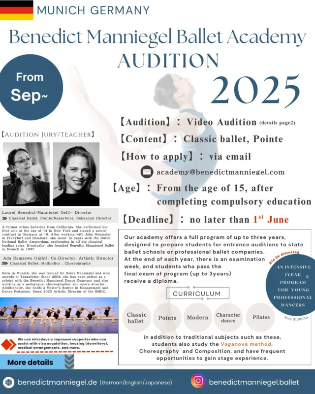 You are
✔️on fire for dance and want to find your professional path in the dance world?
✔️ a ballet lover but also want to dive into contemporary dance?
✔️ interested in learning how to choreograph yourself?
✔️ interested in learning how to teach Classical Ballet according to the Vaganova Method?
✔️minimum 15 years old with ballet skills according to your age?

🔀 APPLY now for our VOCATIONAL PROGRAM on a yearly commitment base! Send your audition material to academy@benedictmanniegel.de !

Photos by Peter Werner
Layout by Misaki Zilak

#auditioncall #online #benedictmanniegelballetacademy #vocationalprogram #professionaldance #ballet #choreography #vaganovamethod