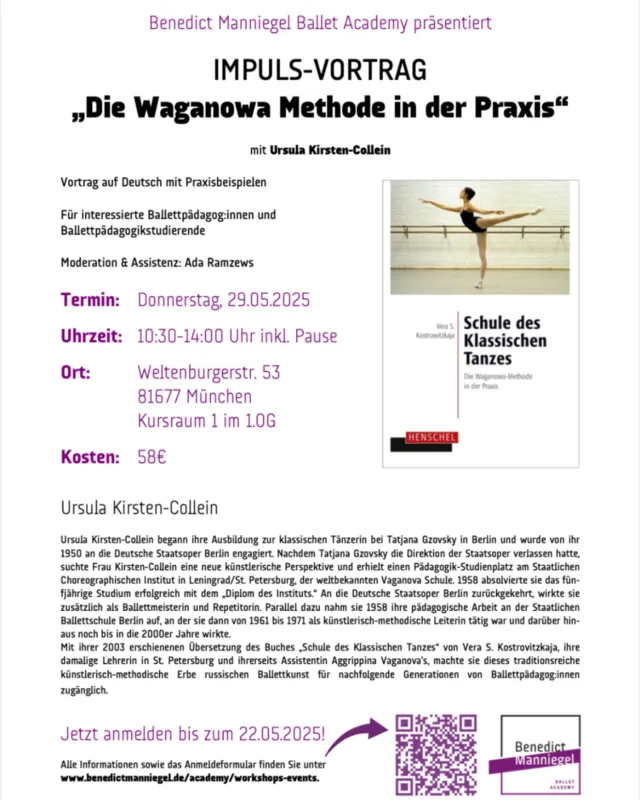 ***IMPULS-VORTRAG am Donnerstag 29. Mai 2025 mit URSULA KIRSTEN-COLLEIN! Die Koryphäe der klassischen Ballettmethodik teilt in einem intensiven Vortrag mit Praxisbeispielen ihr umfassendes Wissen und ihre langjährige Erfahrung aus ihrer Tätigkeit als Tänzerin, Ballettpädagogin, Ballettmeisterin, Künstlerische Leitung sowie Übersetzerin des Kostrovitzkaja Buches über die „Waganowa Methode in der Praxis“.

Sie sind Ballettpädagog:in oder Ballettpädgoginstudent:in? Dann melden Sie sich bis zum 22.05. in unserem Onlineformular direkt auf unserer Website an https://www.benedictmanniegel.de/academy/workshops-events/

#impulsvortrag #vaganova #praxis #lehrtätigkeit #pädagogik #lehrveranstaltung
